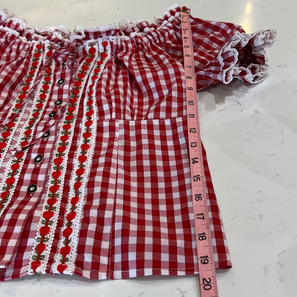 Fuchs Red and White Gingham Crochet Trim Lace-Up Back Off Shoulder Peasant Top - Picture 10 of 12